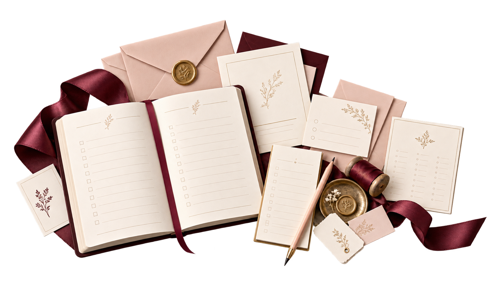 Wedding planning stationery toolkit with a planner, invitations, RSVP cards, ribbon and gold details